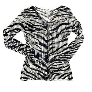 Cache Vintage Zipper Blue Zebra Print Long Sleeve Blouse Size L